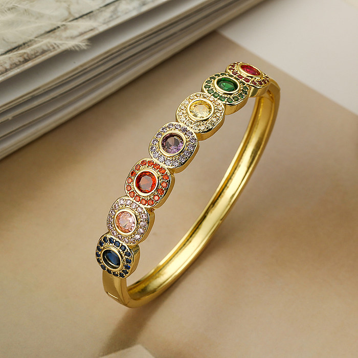 Elegant Vintage Style Round Square Copper Plating Inlay Zircon 18K Gold Plated Bangle