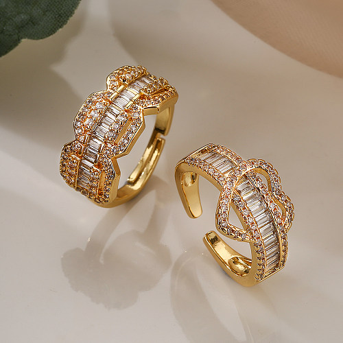 Estilo simples comute forma de coração retângulo cobre chapeamento incrustado zircão 18K anéis abertos banhados a ouro