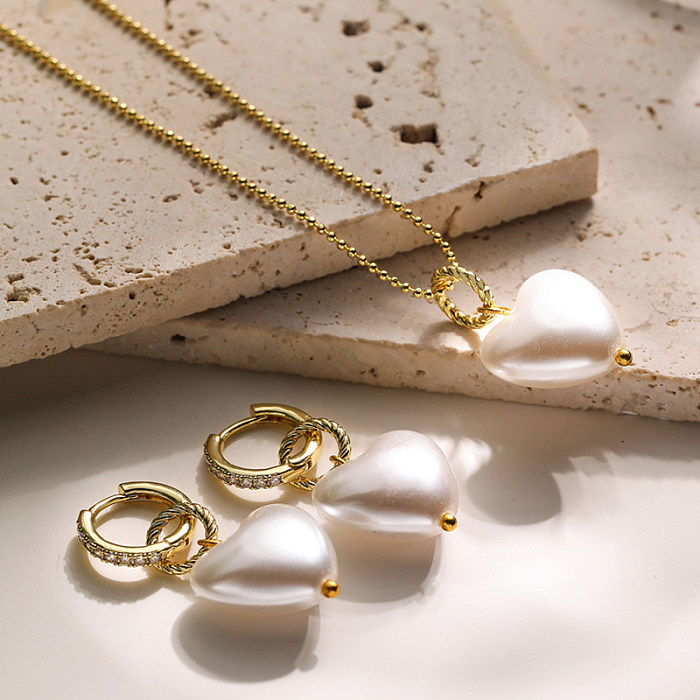 Collier de boucles d'oreilles en Zircon plaqué or 18 carats, élégant, doux, Style Simple, en forme de cœur, incrustation de perles artificielles
