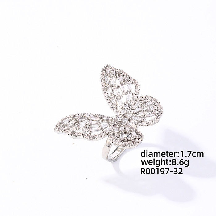 Casual Butterfly Copper Plating Inlay Zircon White Gold Plated Open Rings