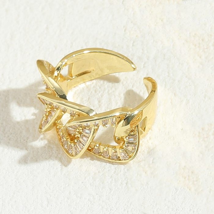 Elegante estilo clássico folha lábios chapeamento de cobre incrustação zircão anéis abertos banhados a ouro 14K