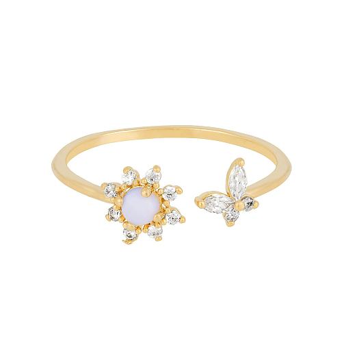 Neuer offener Ring mit Pflaumenblüten-Schmetterling, verstellbarer Ring aus 18 Karat Gold mit Zirkoneinlage und Kupfer