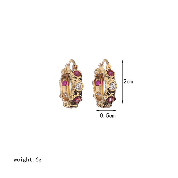 1 paire de boucles d'oreilles classiques rétro, incrustation ronde en cuivre et Zircon plaqué or 18 carats