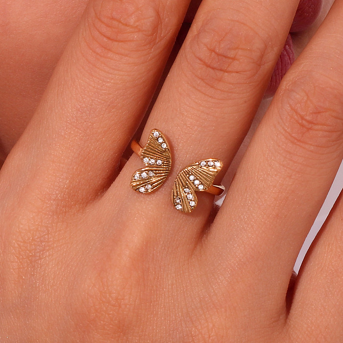 Basic Simple Style Classic Style Butterfly Stainless Steel Plating Inlay Zircon 18K Gold Plated Open Rings