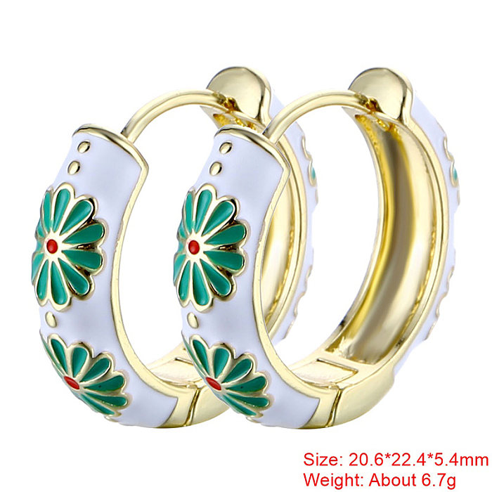 1 Pair Sweet Flower Enamel Plating Copper 18K Gold Plated Hoop Earrings