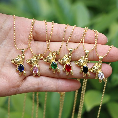 Fashion Simple Cute Copper Zircon Bear Colorful Gold-plated Clavicle Chain Wholesale