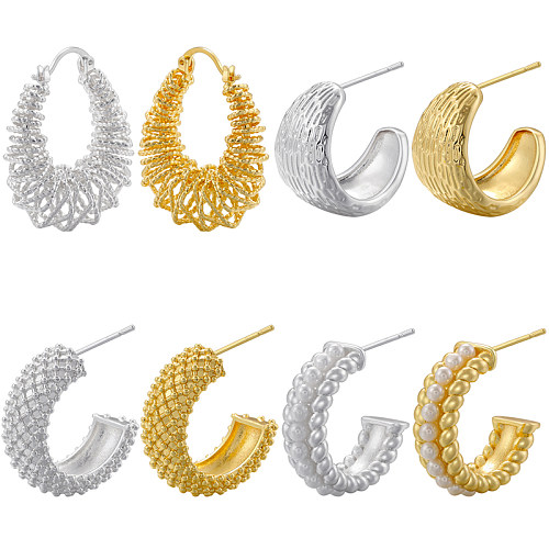 Boucles d'oreilles en cuivre plaqué or 1 carats, 18 paire, Style Vintage décontracté, incrustation de cercle en forme de C, perles artificielles, Zircon
