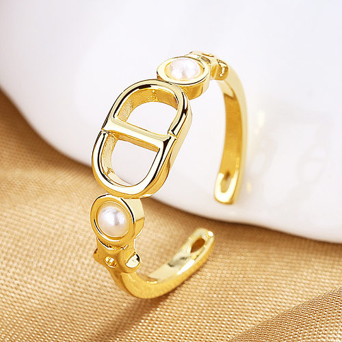 Bague ouverte en perles avec incrustation de cuivre de couleur unie, Style Simple, 1 pièce