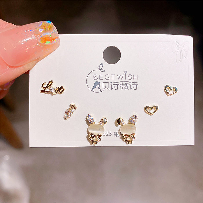 Sweet Round Butterfly Snowflake Copper Plating Inlay Zircon Ear Studs 1 Set