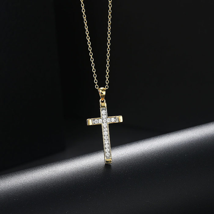 Fashion Cross Copper Inlay Zircon Necklace 1 Piece