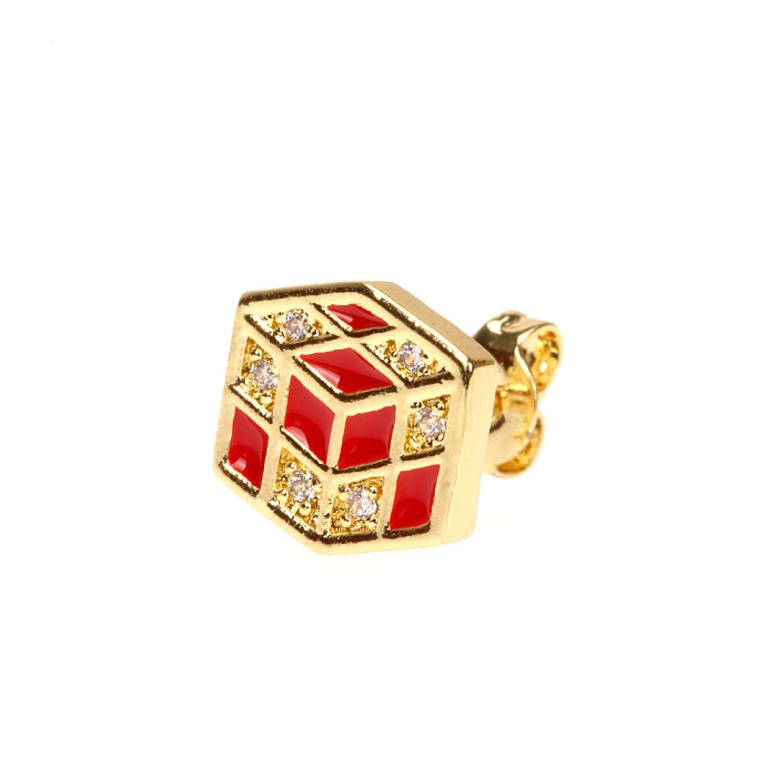 Style Simple Rubik'S Cube cuivre émail placage incrustation Zircon plaqué or 18 carats anneaux boucles d'oreilles collier
