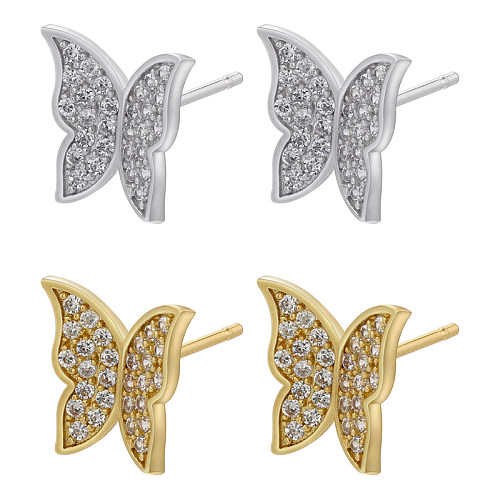 1 paire de clous d'oreilles élégants en cuivre plaqué papillon, incrustation de Zircon plaqué or 18 carats