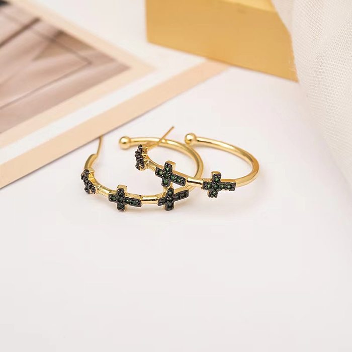 1 Pair Simple Style Cross Inlay Copper Zircon Earrings