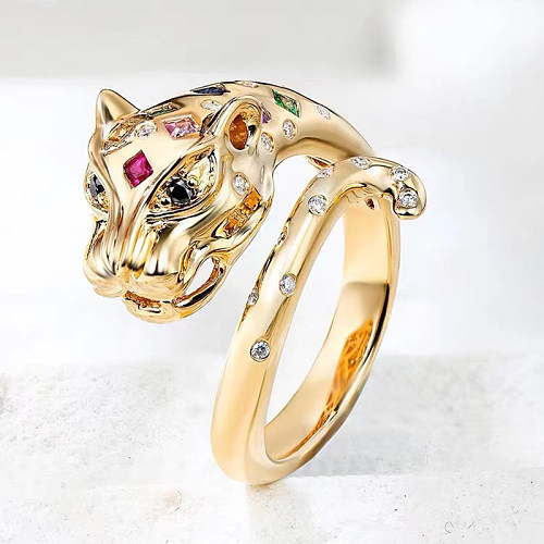 Schlichter, offener Ring mit Leoparden-Kupferbeschichtung und Zirkon-Intarsie, vergoldet