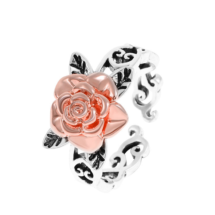 Anneau ouvert en cuivre creux en forme de fleur de rose de style rétro