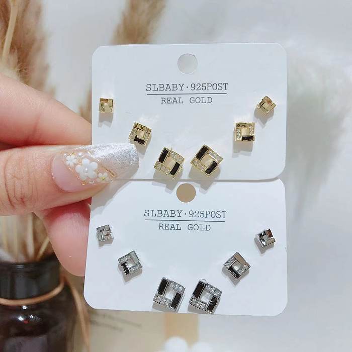 Simple Style Geometric Heart Shape Bow Knot Copper Plating Inlay Artificial Gemstones Ear Studs
