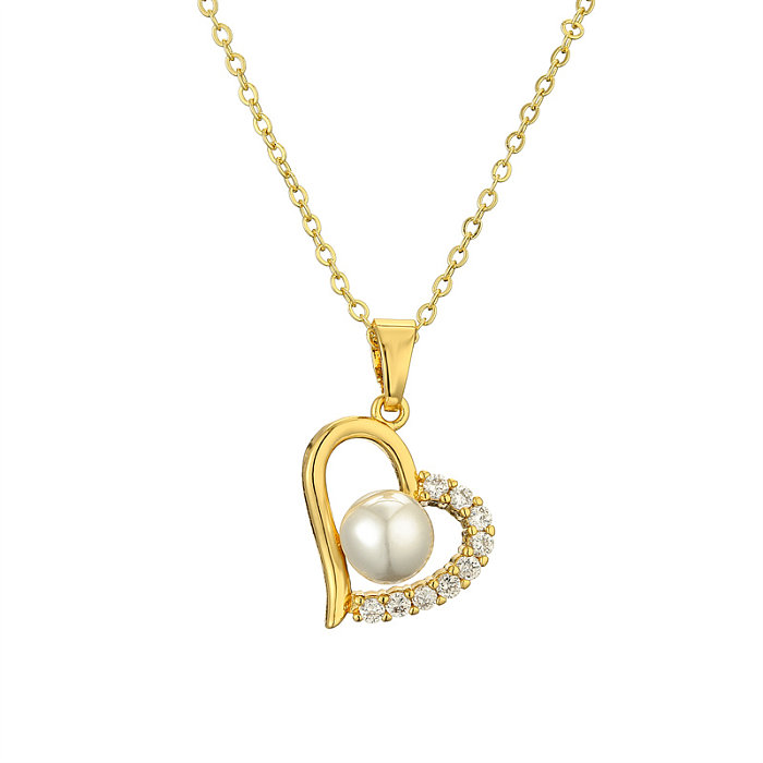 Elegant Lady Heart Shape Copper Plating Inlay Zircon Gold Plated Pendant Necklace