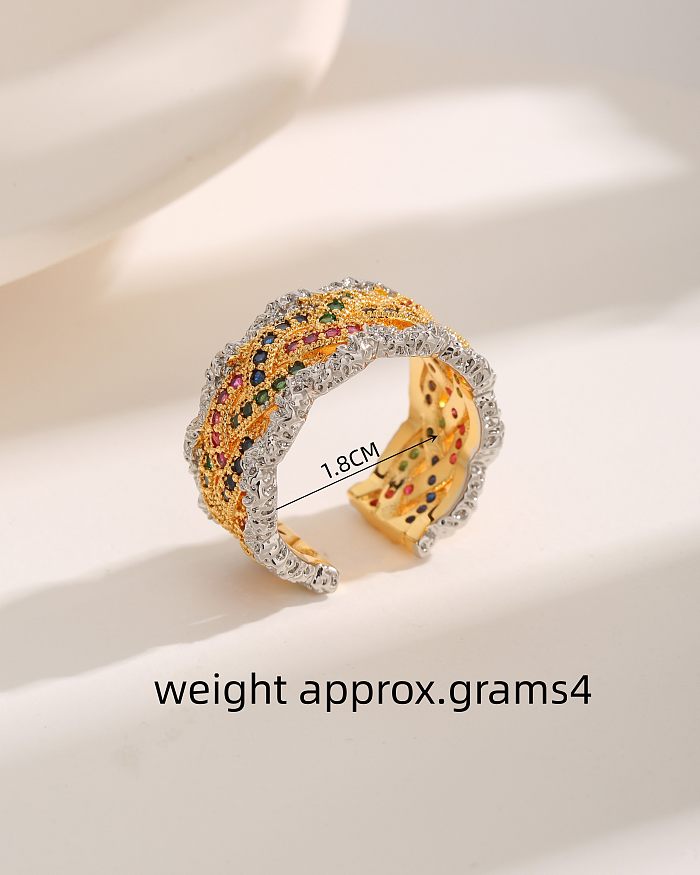 Luxurious French Style Commute Twist Copper Criss Cross Plating Inlay Zircon 18K Gold Plated Open Rings