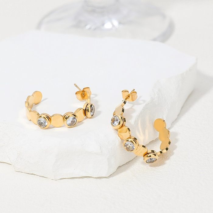1 paire de boucles d'oreilles en acier inoxydable, cuivre et Zircon plaqué or, Style français en forme de C, incrustation de pampilles