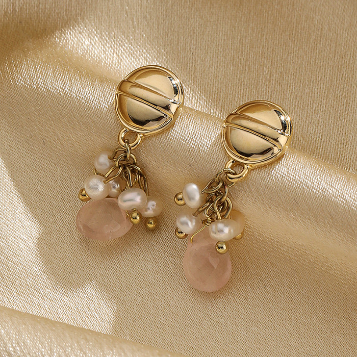 1 paire de boucles d'oreilles rétro à pampilles exagérées, incrustation de chaîne en cuivre, perle d'eau douce, opale et Zircon
