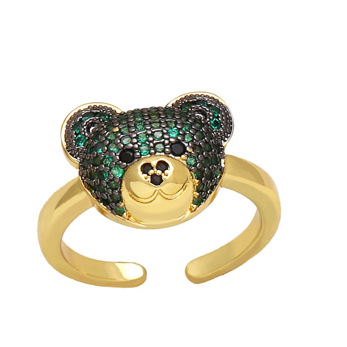 IG Style Cute Bear Copper Plating Inlay Zircon 18K banhado a ouro anéis abertos
