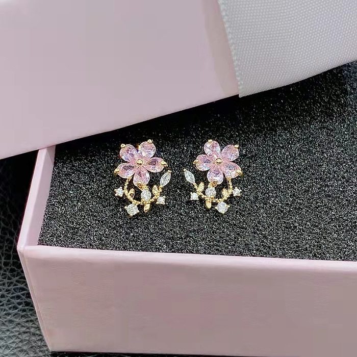 1 Pair Elegant Flower Plating Inlay Copper Rhinestones Ear Studs