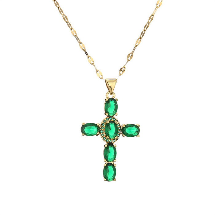 Vintage Style Cross Copper Plating Inlay Zircon Pendant Necklace