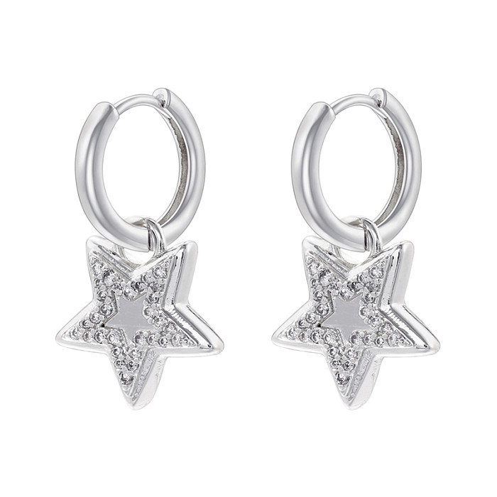 1 Paar IG-Stil, lässiger moderner Stil, Pentagramm-Herzform, plattiert, Kupfer-Zirkon, 18 Karat vergoldete Ohrringe