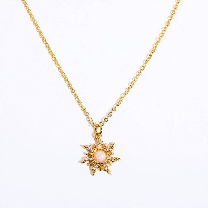 Retro Geometric Sun Copper Inlay Natural Opal Zircon Pendant Necklace