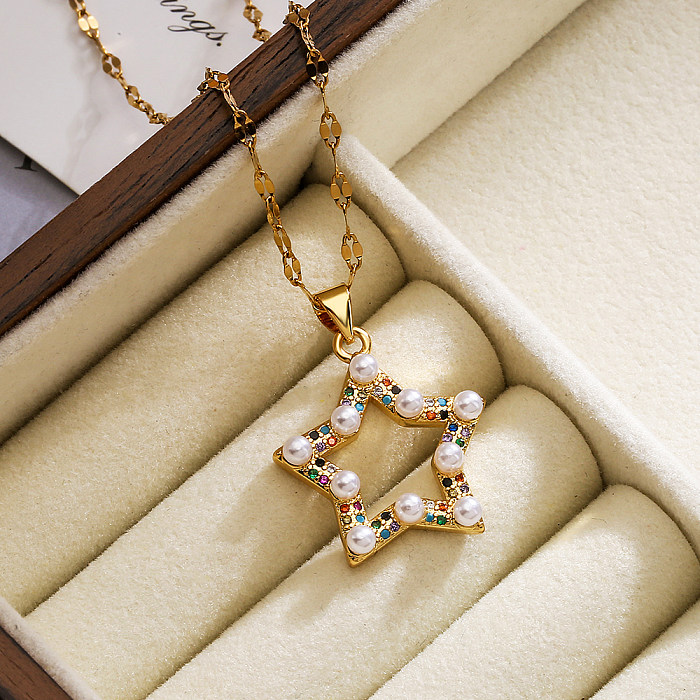 Schlichter Stil, Pendel-Stern-Kupferbeschichtung, Intarsien, künstliche Perlen, Zirkon, 18 Karat vergoldet, Anhänger-Halskette