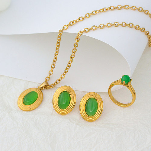 Retro Oval Stainless Steel Titanium Steel Inlay Gem Rings Earrings Necklace