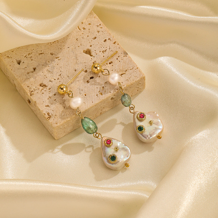 1 paire de boucles d'oreilles pendantes plaquées or 18 carats avec gouttelettes d'eau carrées rétro de style IG, incrustation en forme de cœur, imitation perle de cuivre, strass artificiels, zircone