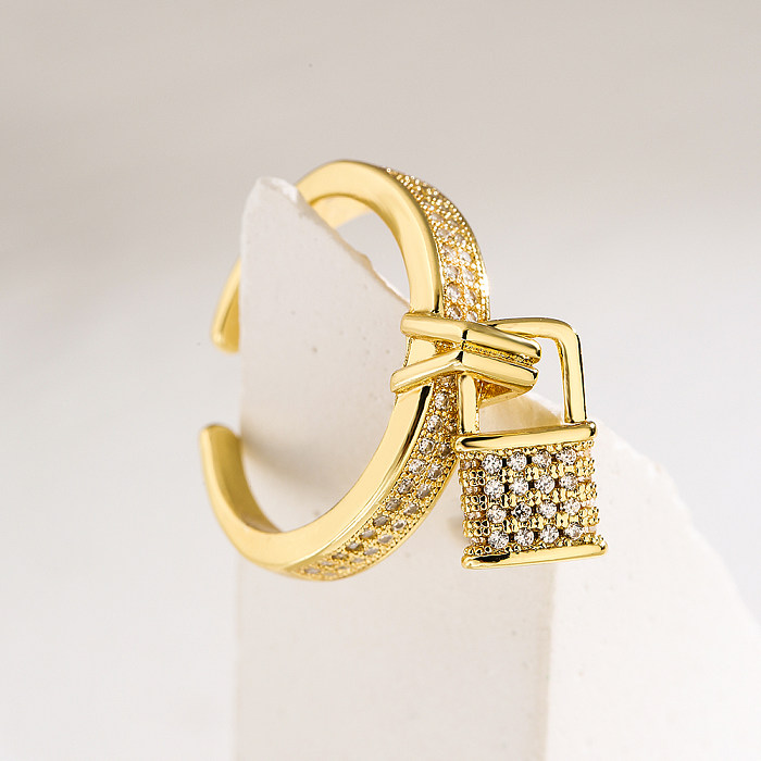 Bague avec breloque en forme de cœur brillant, incrustation de placage de cuivre en Zircon plaqué or 18 carats, anneau ouvert