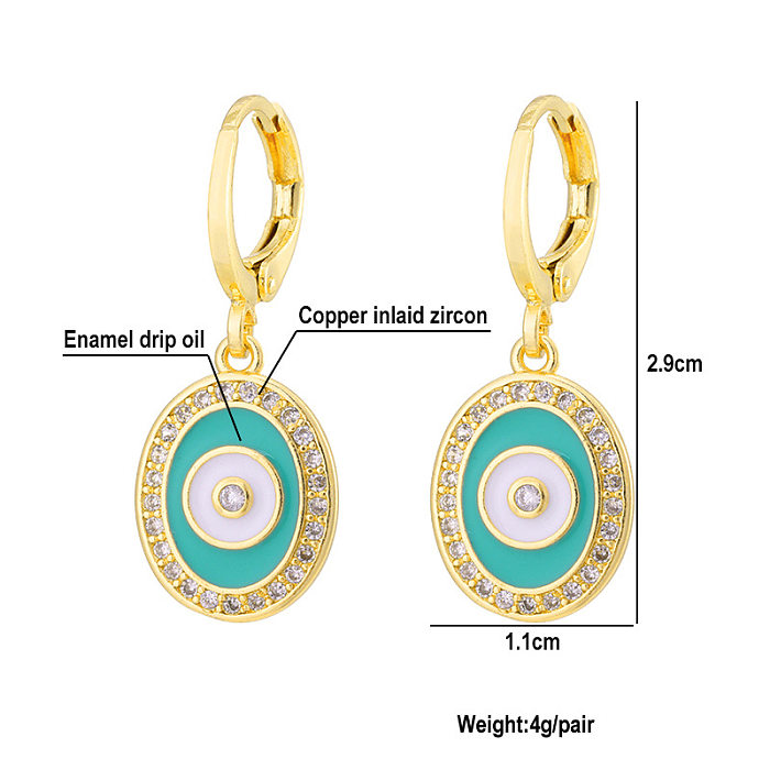 Fashion Oil Dripping Evil Eyes Copper Inlaid Zircon Plated 18K Real Gold Geometric Earrings