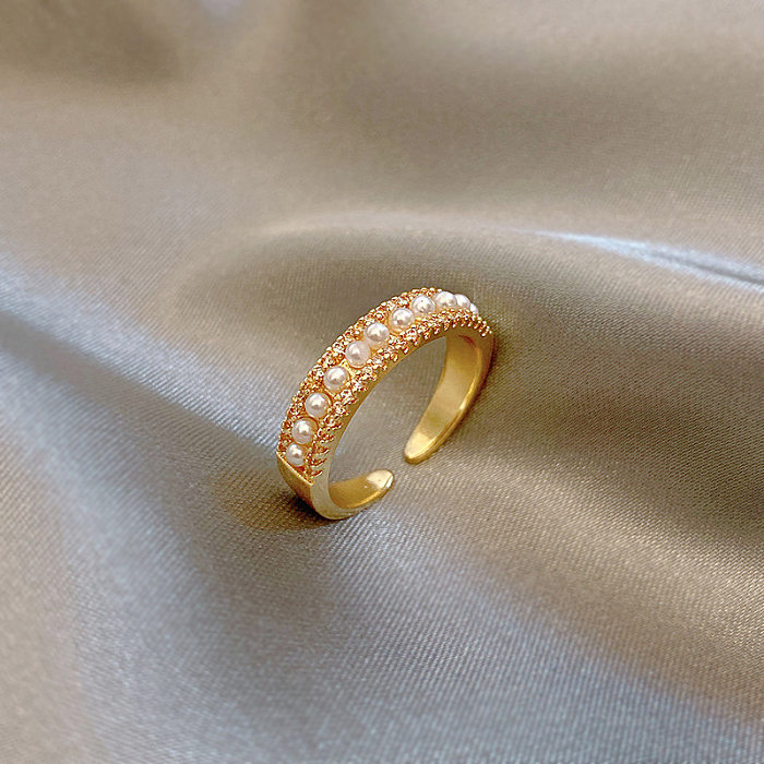 Moda geométrica embutimento de cobre pérolas artificiais zircão anel aberto 1 peça