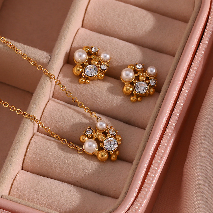 Elegante Ohrringe mit Blumen-Edelstahl-Beschichtung, Inlay, Perle, Zirkon, 18 Karat vergoldet, Halskette