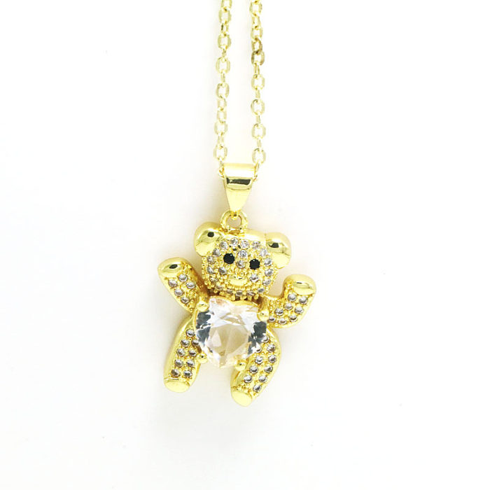 Simple Style Bear Heart Shape Copper Inlay Zircon Pendant Necklace