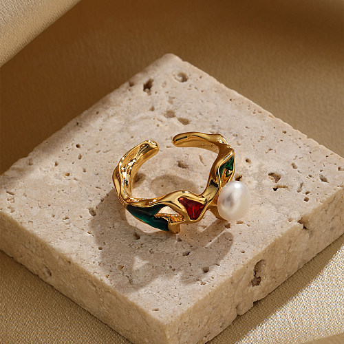 Classical Retro Commute Irregular Copper Painted Plating Inlay Pearl 18K Gold Plated Open Rings