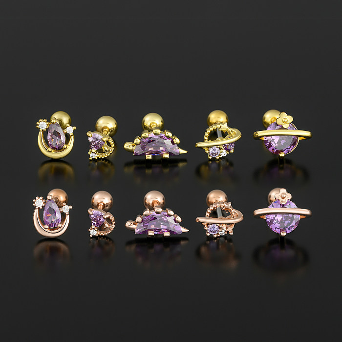 1 Piece IG Style Simple Style Planet Moon Heart Shape Plating Inlay Brass Zircon 18K Gold Plated White Gold Plated Sleeper Earrings  Ear Studs