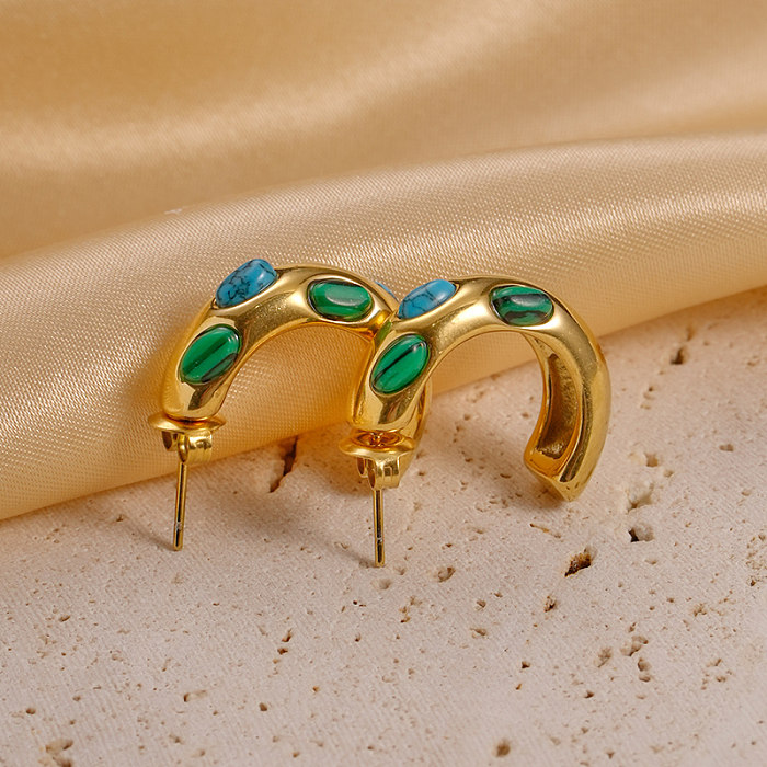 Pendientes de anillos chapados en oro turquesa con incrustaciones de acero inoxidable en forma de C de estilo simple retro