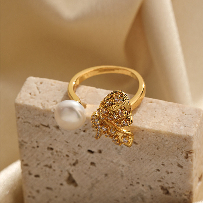 Retro Commute Butterfly Copper Plating Inlay Pearl Zircon 18K Gold Plated Open Rings