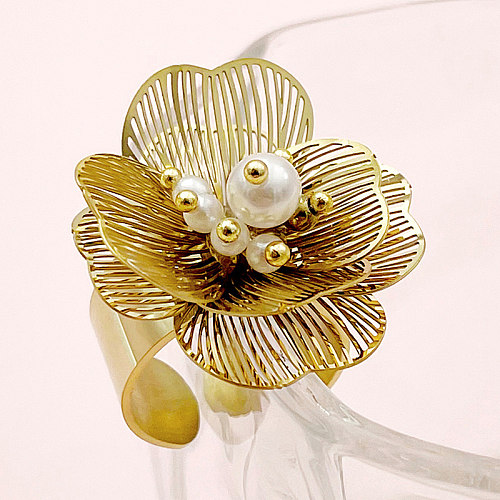 Anéis abertos banhados a ouro com chapeamento de aço inoxidável flor estilo vintage clássico