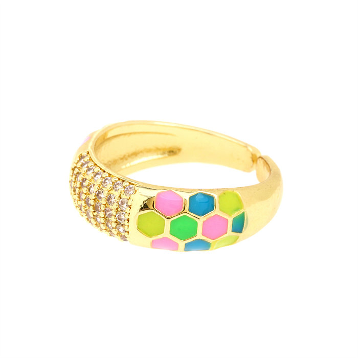 Simple Style Hexagon Copper Enamel Plating Inlay Zircon Gold Plated Open Ring