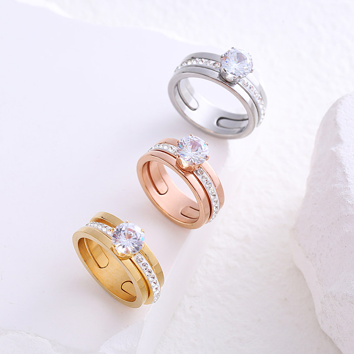 Commute Geometric Stainless Steel Plating Inlay Zircon 24K Gold Plated Rings
