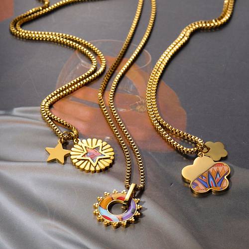 Collier avec pendentif plaqué or 18 carats, style simple et décontracté, équipement en forme d'étoile et de fleur, placage en acier inoxydable