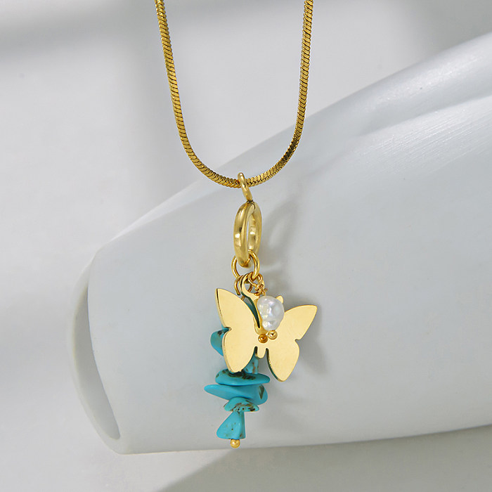 Halskette mit Blumen und Schmetterlingen im Vintage-Stil, Edelstahlbeschichtung und künstlichen Edelsteinen