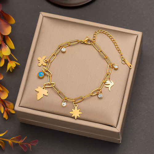 Commute Maple Leaf Titanium Steel Plating Inlay Rhinestones Gold Plated Bracelets