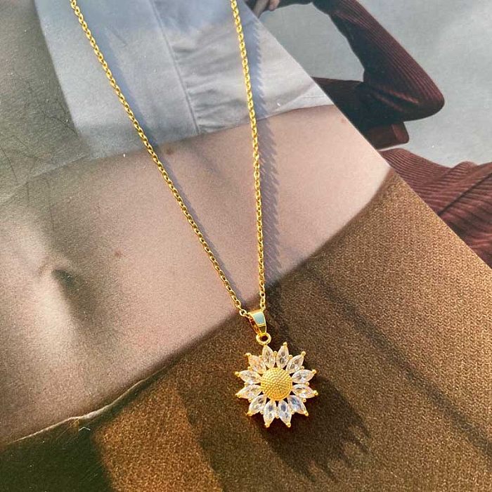 Fashion Flower Stainless Steel Plating Inlay Zircon Pendant Necklace 1 Piece