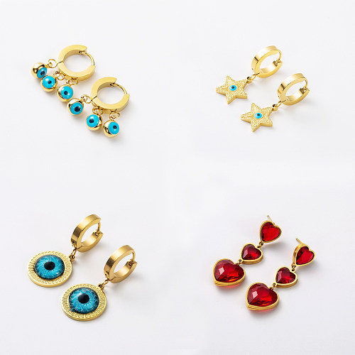 1 Paar elegante, glamouröse, luxuriöse herzförmige Augen-Inlay-Ohrringe aus Edelstahl mit künstlichen Kristallen