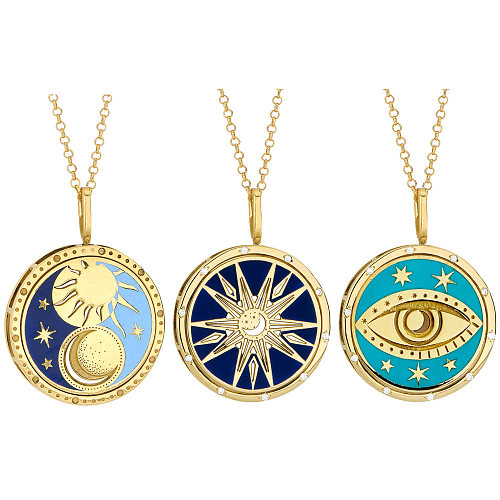 Collier avec pendentif plaqué or 18 carats, décontracté, étoile, lune, œil, sculpture en acier inoxydable